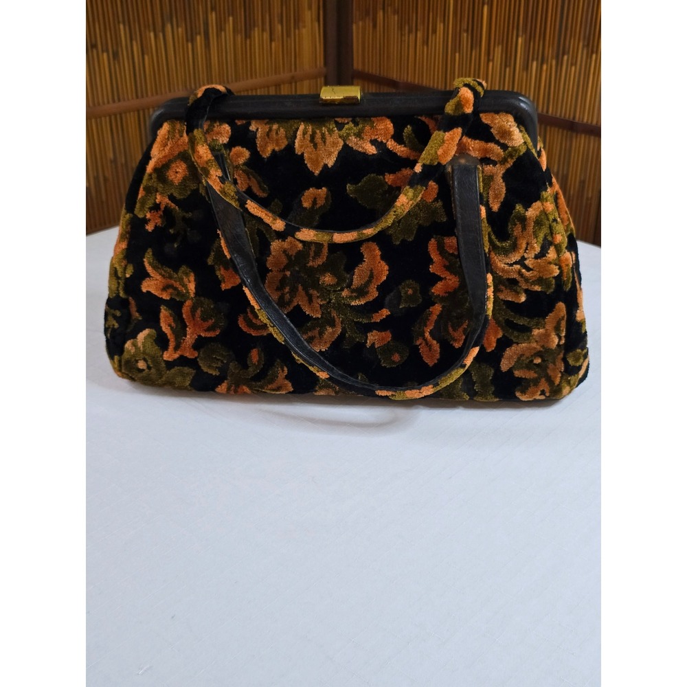 Vintage JR USA Floral Velvet Carpet Bag Handbag Orange Green Black Tapestry